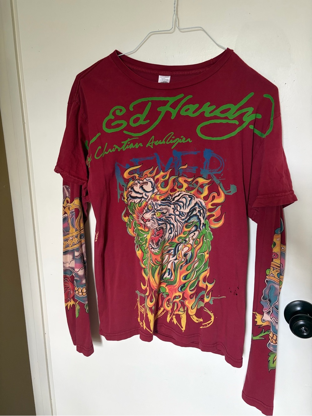 Ed Hardy Burgundy Long Sleeve Tee with Multicolor Tiger Graphic